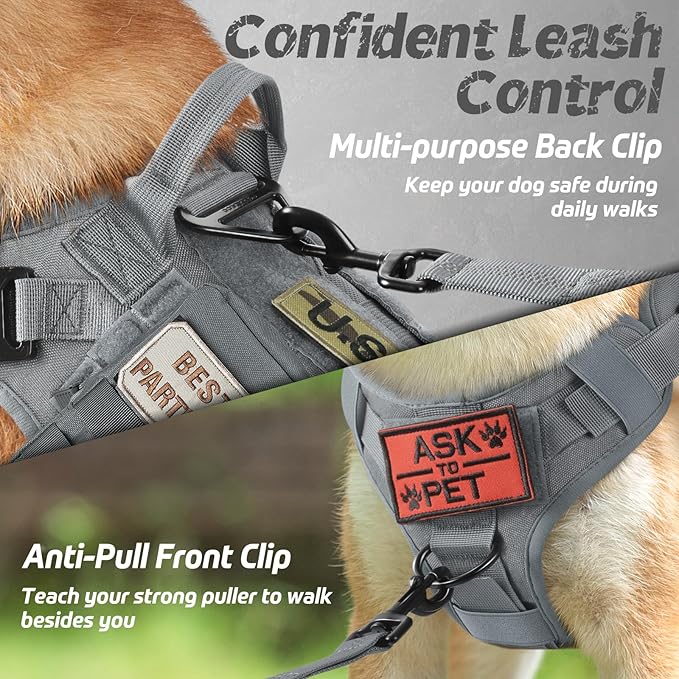 rabbitgoo Tactical Dog Harness for Large Dogs, Heavy Duty Dog Harness with Handle, No-Pull Service Dog Vest Large Breed, Adjustable Military Dog Vest Harness for Training Hunting Walking, Grey, S