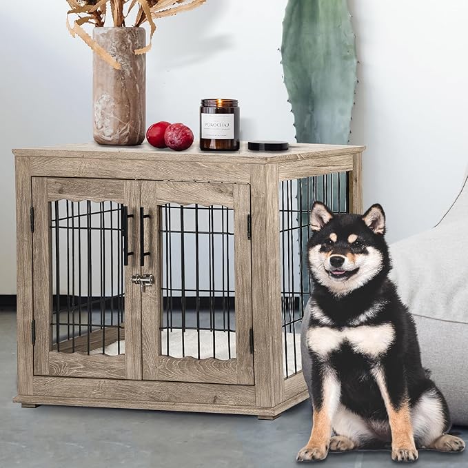 Dog Crate Furniture, 32 inch Medium Dog Crates with Bed Mat, Wooden Dog Kennel Furniture, End Side Table Dog Cage with 3 Doors, Greige