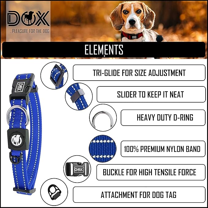 DDOXX Reflective Nylon Dog Collar - Strong and Adjustable Collars Dogs - L (Bue)