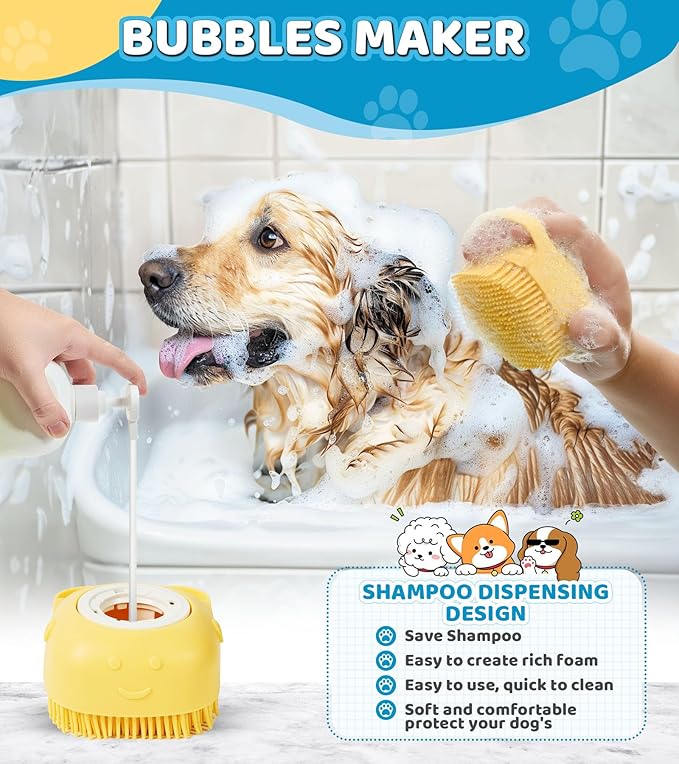4PCS Dog Bath Brush Pet Shampoo Brush with Adjustable Ring Handle Soft Massage Dispenser Panda Shape Brush for Short Long Haired Dogs Cats Showering(Yellow)