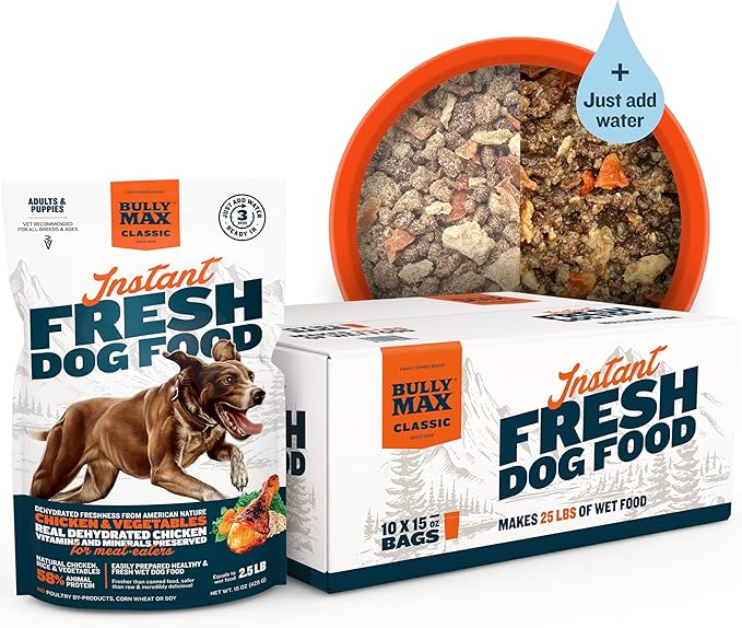 Bully Max Instant Fresh Wet Dog Food - Nutrient-Rich Dehydrated Raw Dog Food with Natural Chicken Recipe - 10 Bags of 15 oz Pouches, Wet Dog Food Alternative - Makes 25 lbs. of Wet Food
