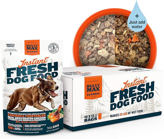 Bully Max Instant Fresh Wet Dog Food - Nutrient-Rich Dehydrated Raw Dog Food with Natural Chicken Recipe - 10 Bags of 15 oz Pouches, Wet Dog Food Alternative - Makes 25 lbs. of Wet Food