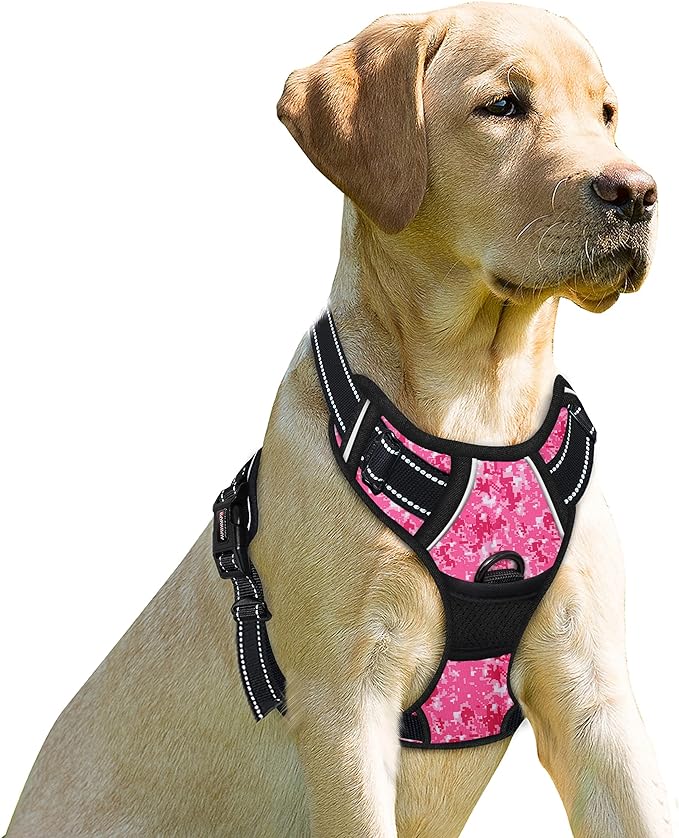 BARKBAY No Pull Dog Harness Front Clip Heavy Duty Reflective Easy Control Handle for Large Dog Walking(Pink camo,XL)