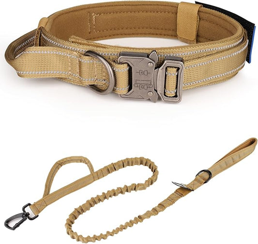 KCUCOP Tactical Dog Collar, Heavy Duty Dog Collar with Handle and Metal Buckle, Military Thick Dog Collars for Medium and Large Dogs(Brown-Reflective Set-L, 1 Patch)