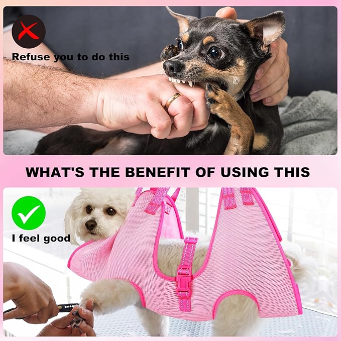 Dog Grooming Hammock - Breathable Pet Grooming Hammock for Small Dogs& Cats, Adjustable Dog Sling Harness with Nail Clippers& Nail File (Pink, X-Small)