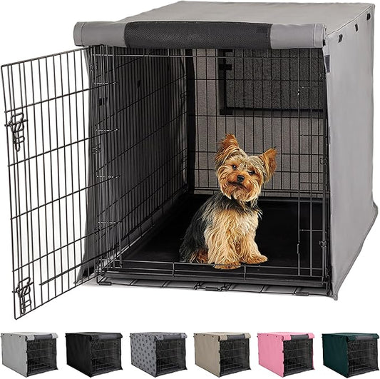 GORILLA GRIP Dog Crate Covers Compatible with Amazon Basics Dog Crates, All Sides Open, Privacy Cover Fits 24" Wire Kennel, Breathable Mesh Windows, Light Reducing Puppy Training Cage Topper, Gray