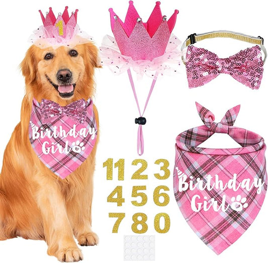 Dog Birthday Party Supplies, Multi Sizes Dog Birthday Bandana Girl Dog Birthday Hat Crown with Birthday Numbers Bow Tie for Large Extra Large Dogs Pets (Pink, X-Large)