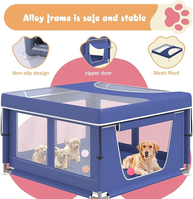 Dog Playpen 42 × 42 Inch, Puppy PlayPen with Gate for Puppies, Cat, Small and Medium Dogs, Pet PlayPen with Roof for Outdoors & Indoors, Thickened Fabric, Safe & Sturdy Dog Fence