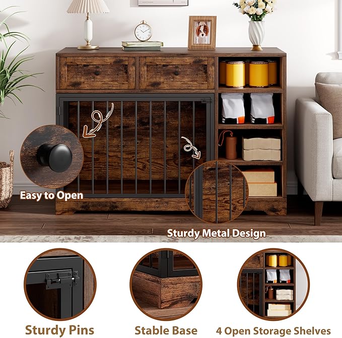 Dog Crate Furniture 47”, Large Dog Crate TV Stand with 2 Drawers and 4 Shelves, Wooden Dog Kennel Indoor, Decorative Dog Cage with Storage for Large Dogs, Brown