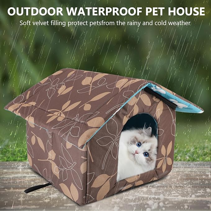 Outdoor Cat House Water Oxford Cloth Warm Cat House Removable Foldable, Outdoor Houses for Feral Cats Dogs (Leaf Pattern, Large House)