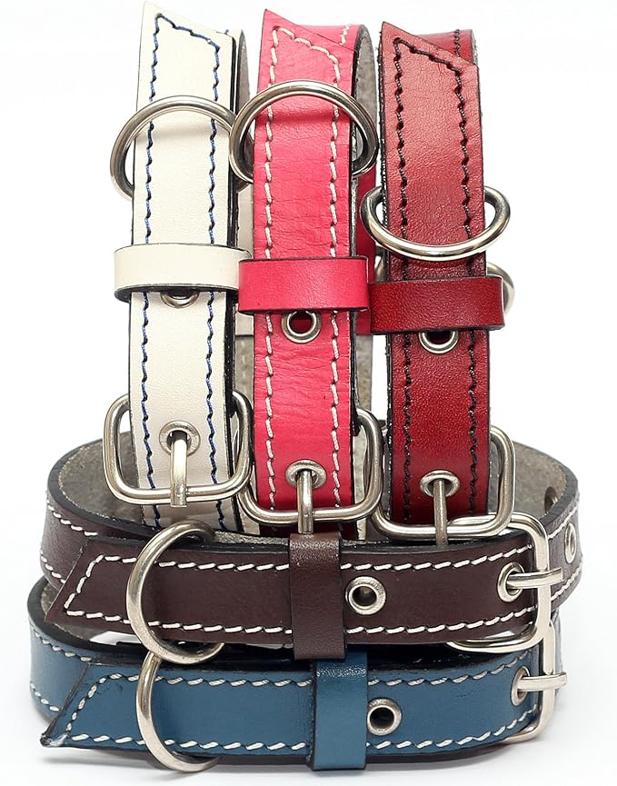 Premium Leather Collars with Stainless Steel Buckles (9"-12", Pink)