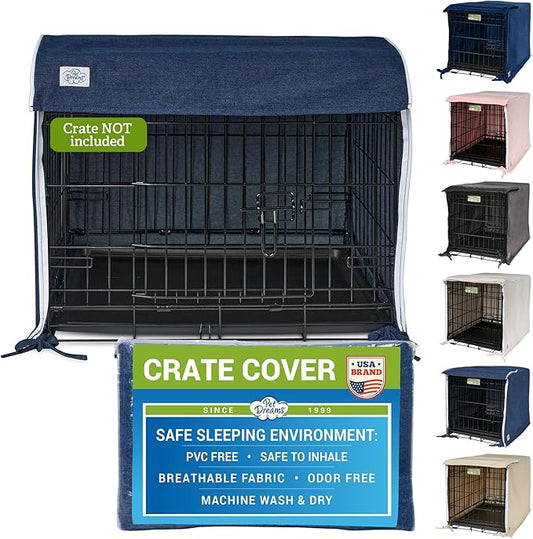 Pet Dreams Dog Crate Cover - Breathable Fabric Kennel Topper for Double-Door Crates, Fits iCrate Dog Cages 18, 24, 30, 36, 42, 48 Inches (Denim, Large, 36")