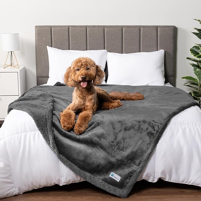 PetAmi Waterproof Dog Blanket for Bed, XL Dog Pet Blanket Couch Cover Protection, Sherpa Fleece Leakproof Bed Blanket for Crate Kennel Sofa Furniture Protector, Reversible Soft Plush 80x60 Grey Grey