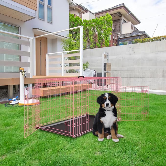 PayLessHere Large Dog Crate Kennel for Medium Large Dogs 36 inches Metal Dog Cage Double-Door Folding Travel Indoor Outdoor Puppy Playpen with Divider and Handle Plastic Tray,Pink