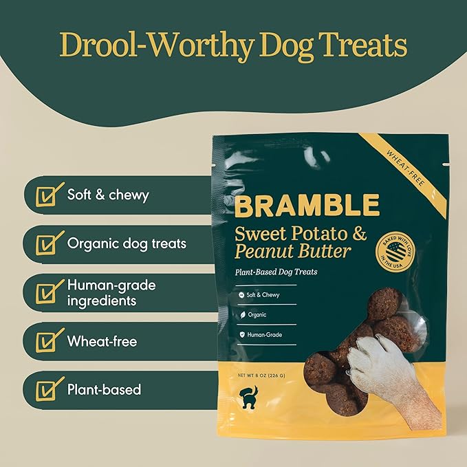 BRAMBLE Dog Treats. Plant-Based Treats for Dogs, Wheat-Free Everyday Dog Treats. Sweet Potato & Peanut Butter, Soft & Chewy Cookies. 8 oz