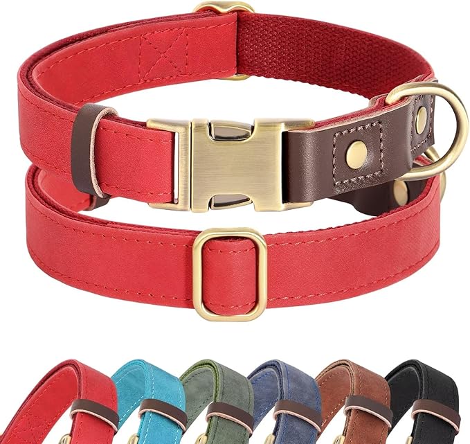 Didog Soft Padded Leather Dog Collar for Large Dogs, Classic Heavy Duty Dog Collars with Quick Release Metal Buckle, Adjustable Large Dog Collar Leather,Red,L