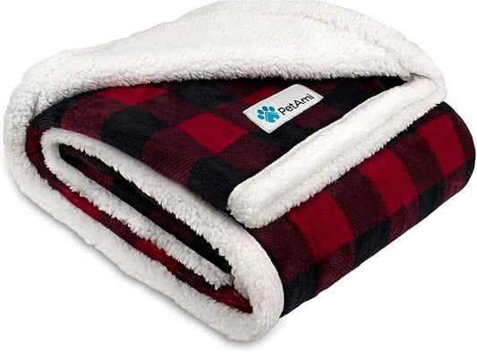 PetAmi WATERPROOFDog Blanket for Bed, XL Dog Pet Blanket Couch Cover Protection, Sherpa Fleece Leakproof Bed Blanket for Crate Kennel Sofa Furniture Protector, Reversible Soft Plush 80x60 Checker Red