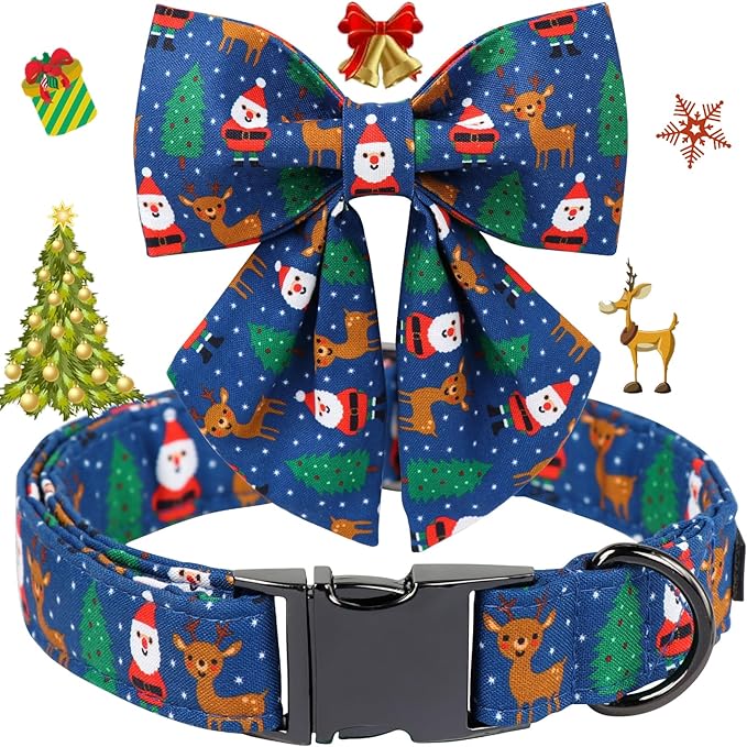 Maca Bates Christmas Elk Dog Collar with Bow Bowtie for Dogs Sailor Bow Tie Adjustable Breakaway Blue Collars Accessories Gift for Small Medium Large XL Puppy with Golden Metal Buckle