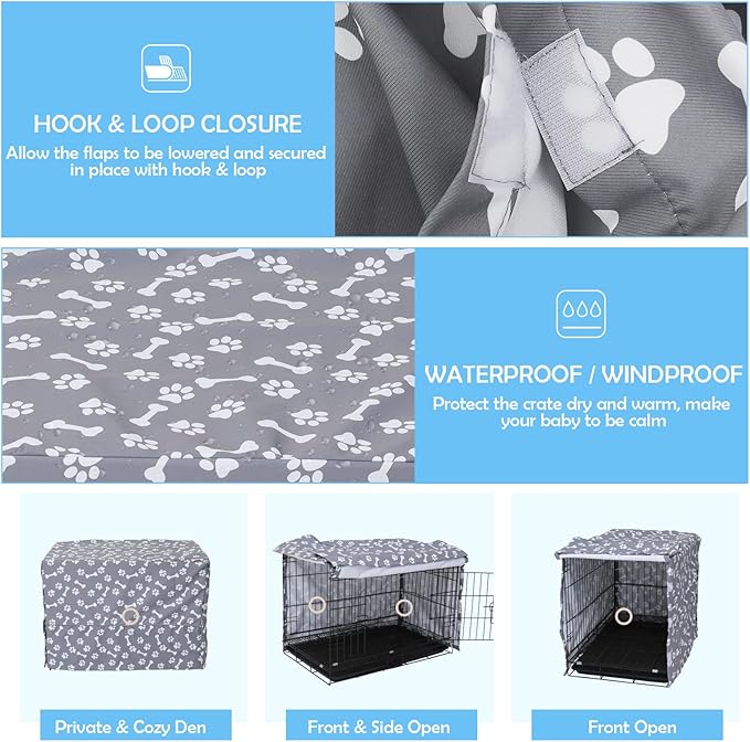 Dog Crate Cover for Wire Crates, Heavy Nylon Waterproof, Fits Most 48" inch Dog Crates, Easy to Put On, Take Off, and Adjust - Cover only - GrayPaw - S