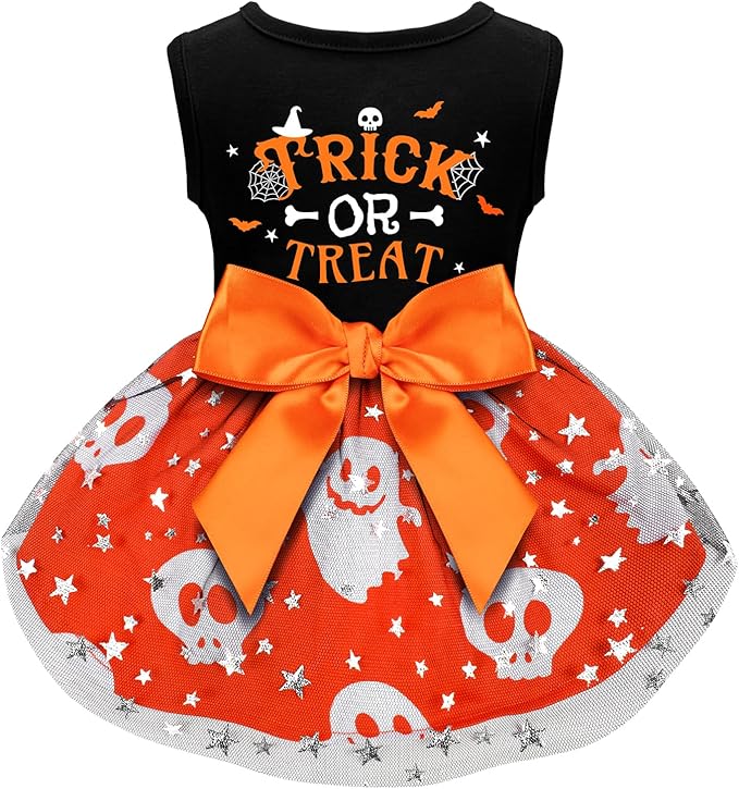 Funny Puppy Dress with Bow - Small/Large Dog Halloween Costume - Pumpkin Witch Bat Pet Dress - Trick or Treat