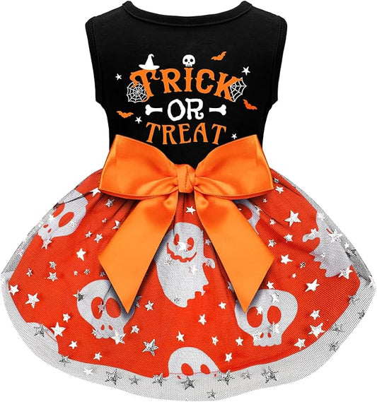 Funny Puppy Dress with Bow - Small/Large Dog Halloween Costume - Pumpkin Witch Bat Pet Dress - Trick or Treat