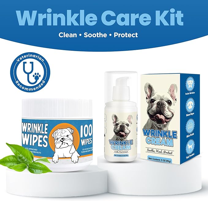 Bulldog Wrinkle Wipes & Cream Combo – Dual‑Texture Dog Face Wipes & Soothing Wrinkle Paste – 100 Wipes + 85 g Cream