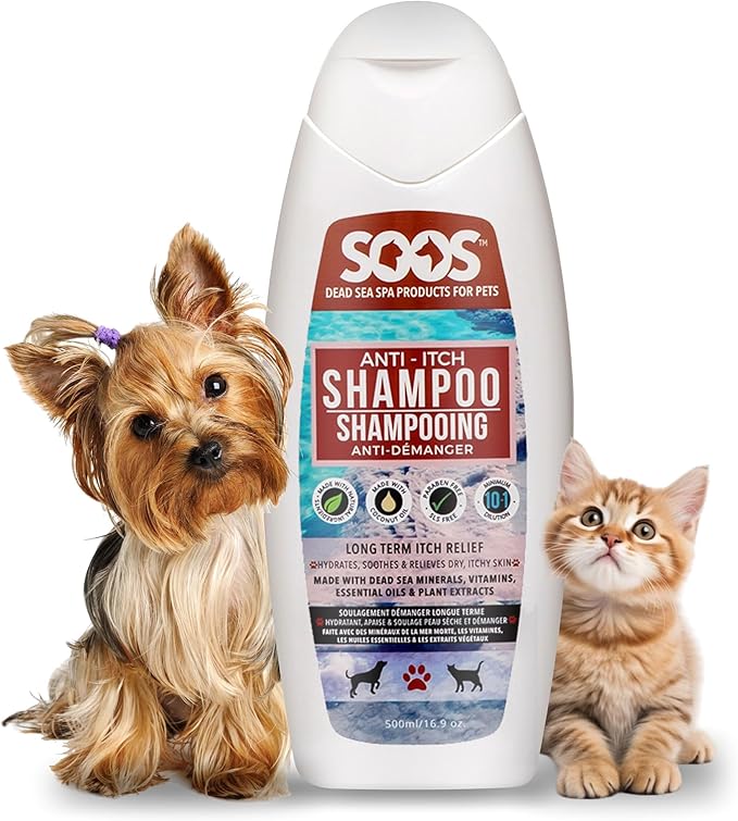 Soos Pet Anti-Itch Shampoo for Dogs and Cats - Natural Dead Sea Fast Absorbing - Clean Fur with Vitamins Minerals Essential Oils Natural Ingredients - 500ml