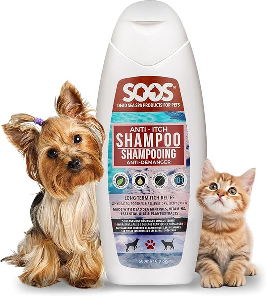 Soos Pet Anti-Itch Shampoo for Dogs and Cats - Natural Dead Sea Fast Absorbing - Clean Fur with Vitamins Minerals Essential Oils Natural Ingredients - 500ml