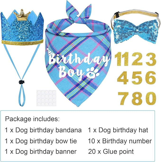 Dog Birthday Party Supplies, Multi Sizes Dog Birthday Bandana Boy Dog Birthday Hat Crown with Birthday Numbers Bow Tie for Medium Large Dogs Pets (Light Blue, Large)