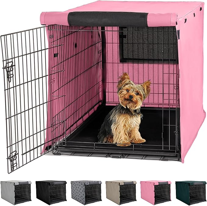 GORILLA GRIP Dog Crate Covers Compatible with Amazon Basics Dog Crates, All Sides Open, Privacy Cover Fits 24" Wire Kennel, Breathable Mesh Windows, Light Reducing Puppy Training Cage Topper, Pink