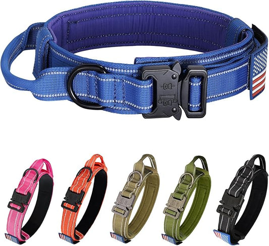 KCUCOP Tactical Dog Collar, Heavy Duty Dog Collar with Handle and Metal Buckle, Military Thick Dog Collars for Medium and Large Dogs(DarkBlue-L-Reflective, 1 Patch)