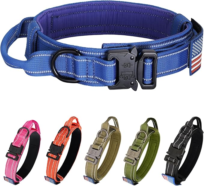 KCUCOP Tactical Dog Collar, Heavy Duty Dog Collar with Handle and Metal Buckle, Military Thick Dog Collars for Medium and Large Dogs(DarkBlue-XL-Reflective, 1 Patch)