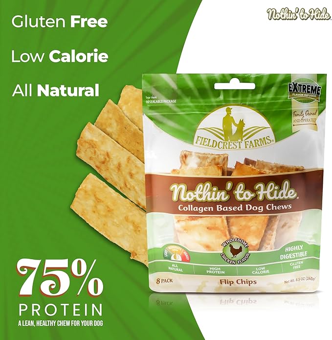 Fieldcrest Farms Nothin to Hide Flip Chips Dog Chews - Natural Rawhide Alternative Treats for Dogs, Collagen Based Snack for Moderate Chewers Up to 35lbs, Chicken Flavor - 2 Packs (16 Chips)
