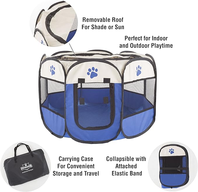 Pop-Up Pet Playpen - 26-Inch Indoor and Outdoor Dog Kennel with Carrying Bag - Portable Pet Enclosure for Dogs and Small Animals by PETMAKER (Blue)