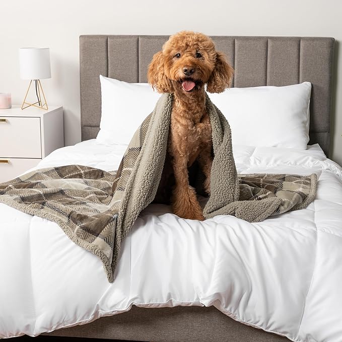 PetAmi WATERPROOF Dog Blanket For Bed, XL Dog Pet Blanket Couch Cover Protection, Sherpa Fleece Leakproof Bed Blanket for Crate Kennel Sofa Furniture Protector, Reversible Soft Plush 80x60 Plaid Taupe