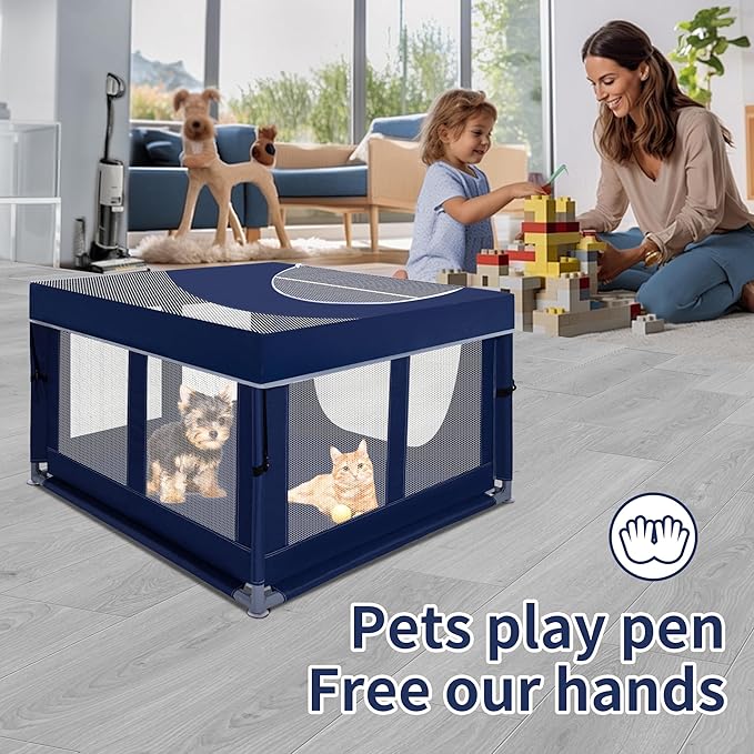 Dog Kitten Playpen with Cover for Cat Indoor, 42x42 x25.5 Puppy Playpen for Small Pet with See-Through Topper Proof Enclosed Door Dog Pen, Sturdy Warm Protable Playpen Pen for Cat