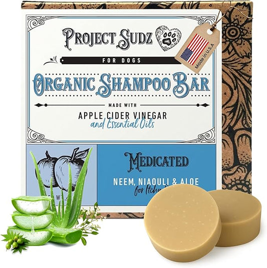 Medicated Organic Dog Shampoo Bar for Hot Spots, Dry Coat, and Allergies, All Natural Dog Shampoo with Neem, Aloe, and ACV, Eco-Friendly, Vet Recommended, 2 Bars for Sensitive Skin Relief