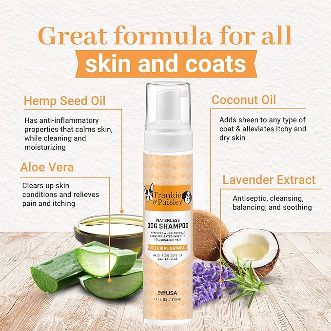 Frankie & Paisley Waterless Dog Shampoo, Natural Dry Shampoo for Dogs or Cats No Rinse Required with Natural Colloidal Oatmeal for a Deodorized Puppy - Foaming 7.1 fl. Oz