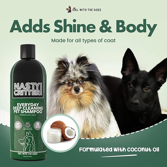Fluff Off! by Girl With The Dogs, Natural Deshedding Dog & Cat Conditioner 16 Oz and Nasty Critter! Everyday Deep Cleaning Dog Shampoo 16 Oz