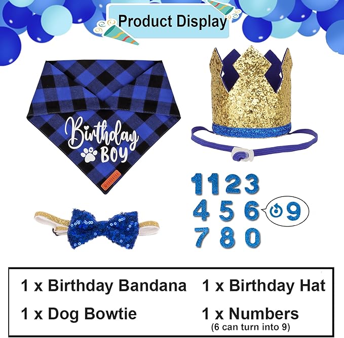 ADOGGYGO Dog Birthday Party Supplies, Blue Plaid Birthday Boy Dog Bandana, Golden Pet Party Hat with Numbers, Bowtie for Medium Large Pets (Large)