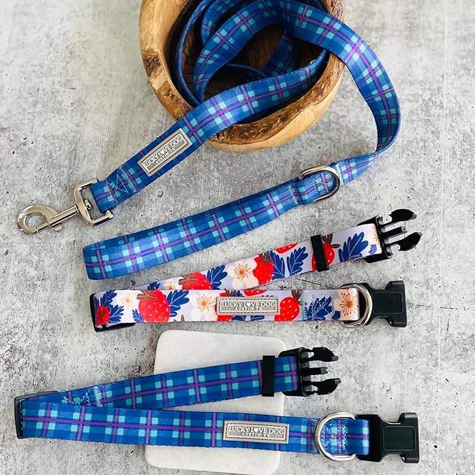 Lucky Love Dog, Blue and Violet Plaid Dog Collar, Adjustable & Comfy Collar for Boy and Girl Dog, Easy On & Off Clasp Accessory - (Large, Scotty Collar)