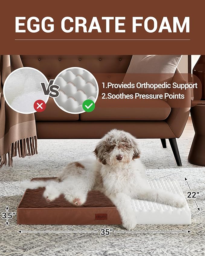 OhGeni 35 Inch Orthopedic Waterproof & Machine Washable Dog Bed with Egg Crate Foam Support, Non-Slip Bottom and Removable Pet Bed Cover for Extra Large, Large, Medium, Small Dogs (Brown)
