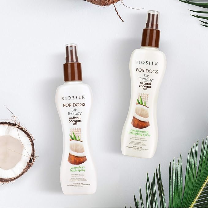 BioSilk Silk Therapy Conditioning Detangling Spray for Dogs with Natural Coconut Oil - Dog Matted Hair Detangler Conditioner for Dogs, Dematting Grooming Supplies, 7 Fl Oz