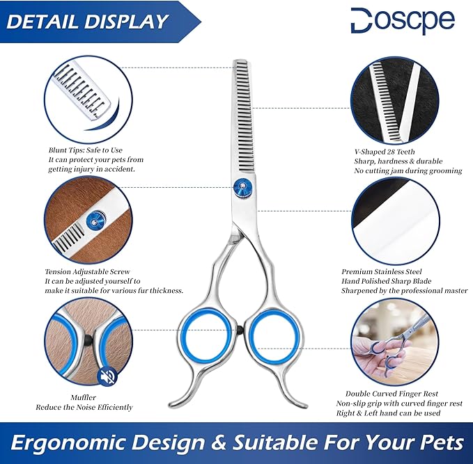 Dog Thinning Shears Professional Dog Grooming Scissors with Large Finger Hole for Pet Cat Hair Cutting Trimming Double Curved Finger Rest Right Left Handed
