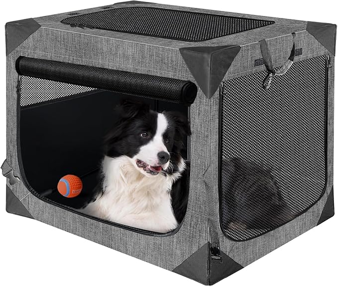 Dog Crates,Collapsible Soft Travel Crate for Large Dogs (3 Year Warranty), Indoor & Outdoor Portable Pet Kennel with Chew Proof Mesh Door (36" L x 25" W x 25" H, French Gray) ﻿