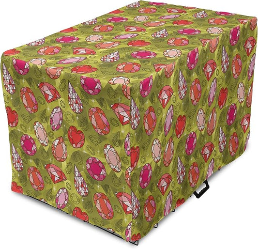 Ambesonne Diamond Dog Crate Cover, Rhythmic Heart Shaped Drop Formed Print Polygonal Gemstone Backdrop, Easy to Use Pet Kennel Cover for Cats & Medium Dogs, 30 Inch, Yellow Green Multicolor