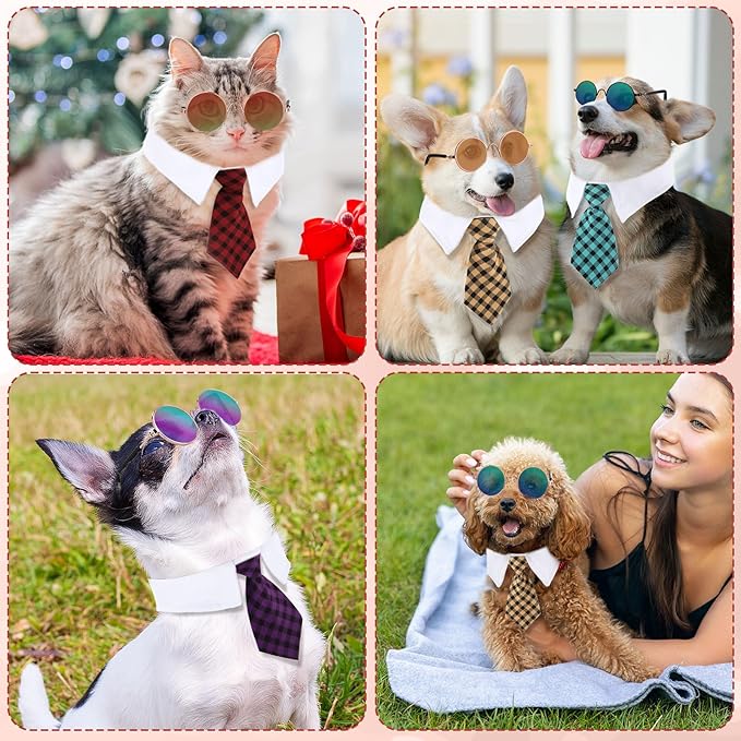 Weewooday 8 Pcs Pet Dog Cat Costume Cat Tie Collar Glasses for Small Dog Round Metal Retro Sunglasses Tie Pet Costume Tuxedo Necktie Collar Puppy Accessories Halloween Cosplay Party(Elegant Colors)