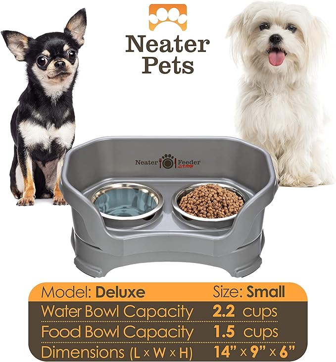 Neater Feeder Deluxe Mess Proof Dog Bowls Elevated for Small Breed – Made in USA – No Spill Raised Dog Food Bowl Stand – Stainless Steel Food and Water Bowl Set, Pet Feeding Station, Grey