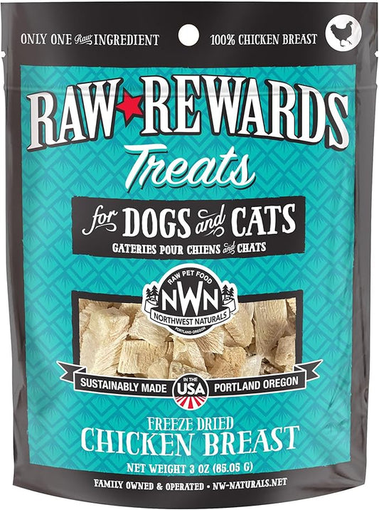 Northwest Naturals Raw Rewards Freeze-Dried Chicken Breast Treats for Dogs and Cats - Bite-Sized Pieces - Healthy, 1 Ingredient, Human Grade Pet Food, All Natural - 3 Oz