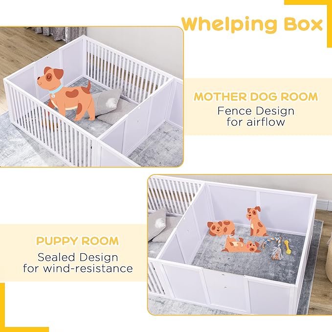 PawHut Whelping Box for Dogs Built for Mother's Comfort, Dog Whelping Pen with Removable Doors, Puppy Playpen for Indoors, Newborn Puppy Supplies & Essentials, 81" x 39" x 20", White